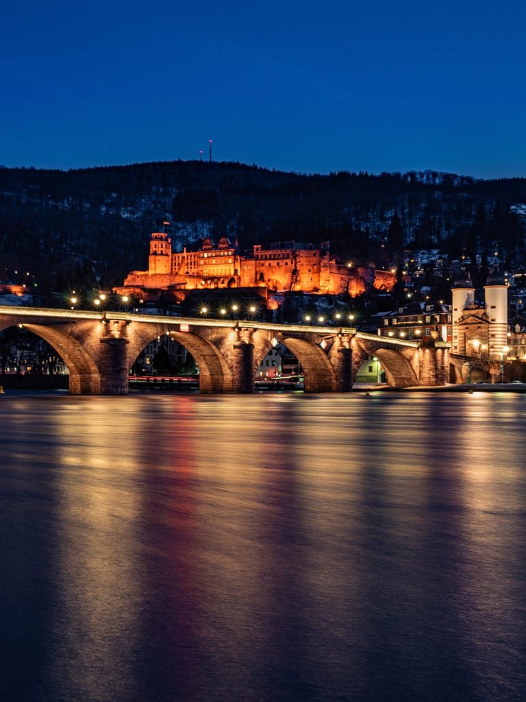 View of the Königstuhl and the enlightened castle at night