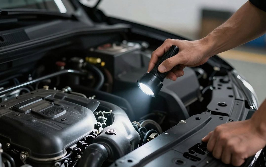 Person inspiziert mit einer Taschenlampe den Motorraum eines Gebrauchtwagens