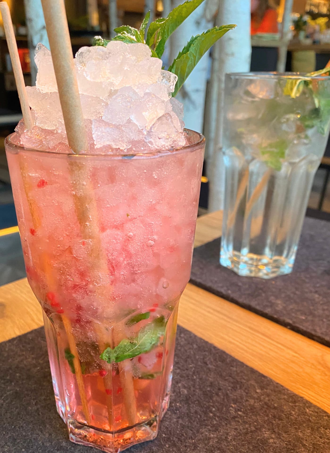 Drink with ice cubes in restaurant
