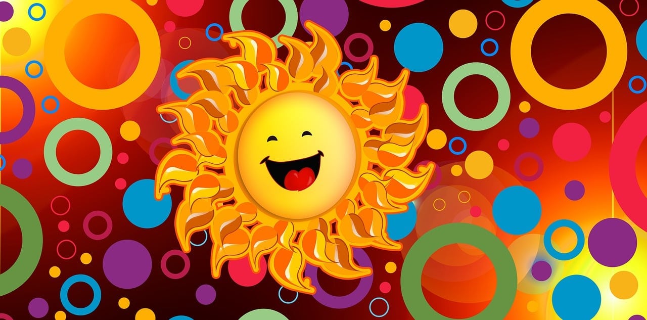 eine lachende sonne mit einem kreativen bunten Hintergrund