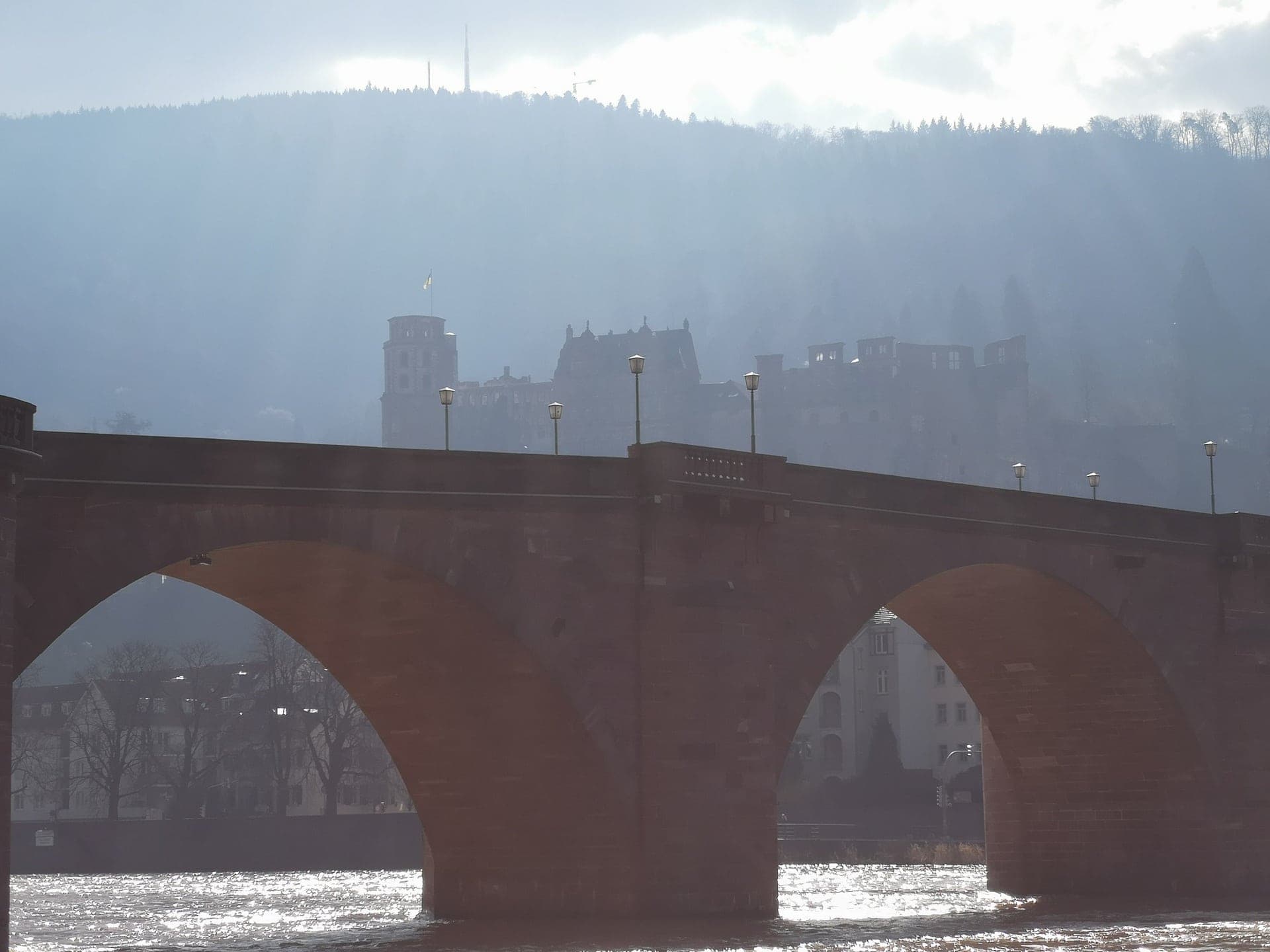 Old Bridge and castle in Heidelberg mist