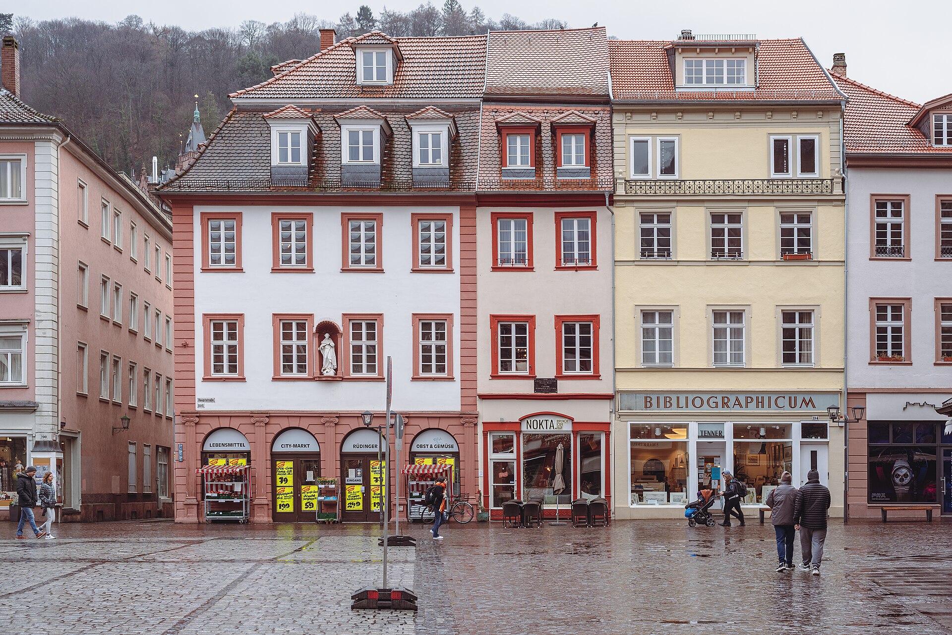 Geschäfte und Wohnhäuser an der Hauptstraße in der Heidelberger Altstadt bei Regen