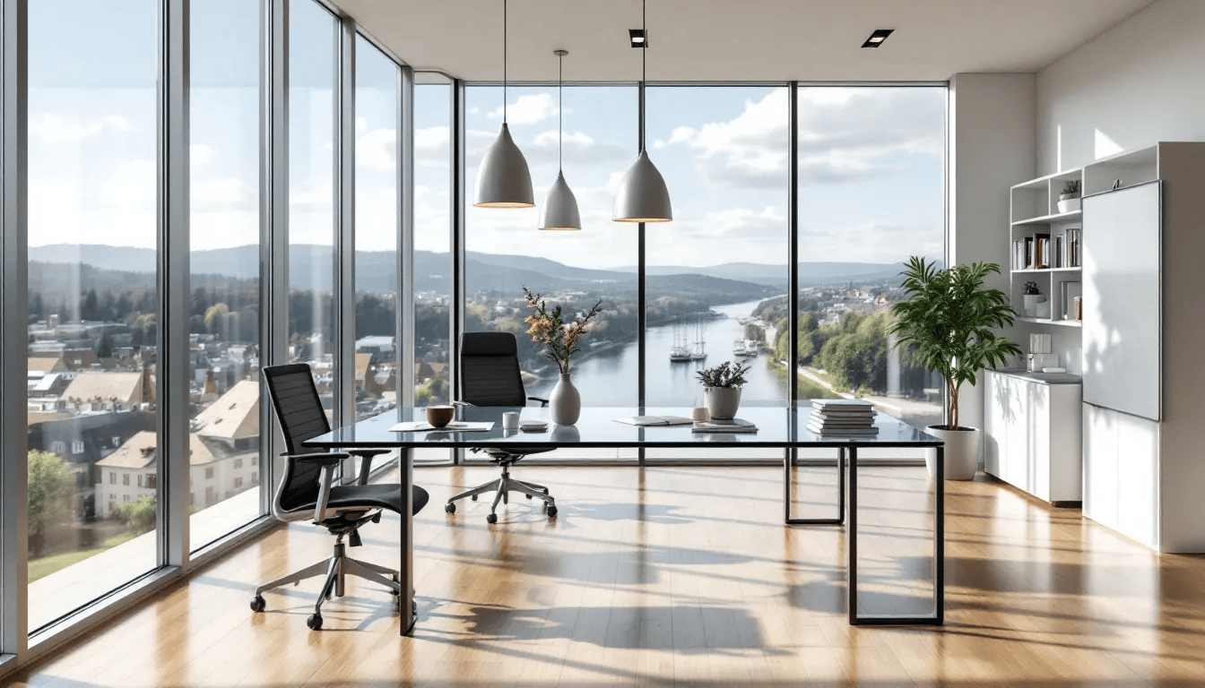 Das Bild zeigt ein modernes Büro mit großen Fenstern, die einen atemberaubenden Blick auf Heidelberg und den Neckar bieten. In diesem inspirierenden Raum arbeiten Webdesign-Experten an Projekten, die die Online-Präsenz von Unternehmen verbessern, einschließlich Lösungen für Websites und Online-Shops.